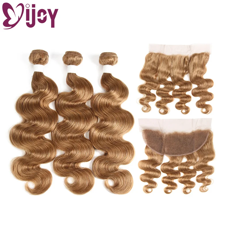 IJOY-mechones de pelo ondulado con malla Frontal, extensiones de cabello humano Remy, rubio miel, 13x4, 3/4 unidades