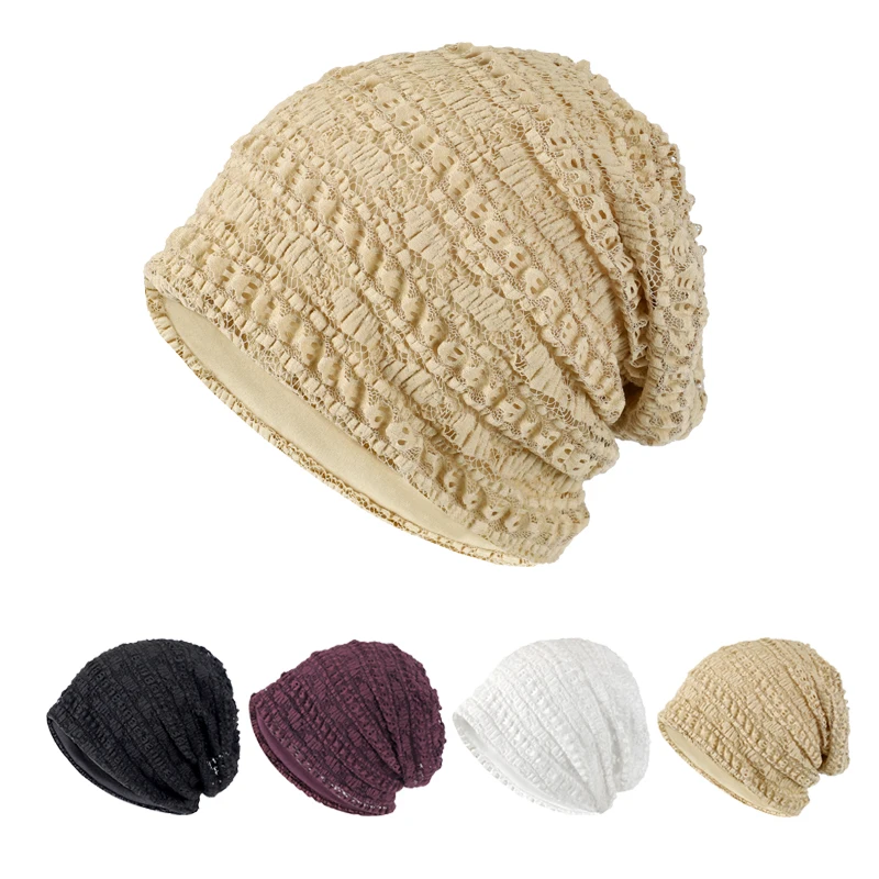 Women's Lace Slouchy Beanie Hat, Elegant Ruched Turban Headwrap, Breathable Chemo Cap for Hair Loss, Muslim Hijab Bonnet, Spring