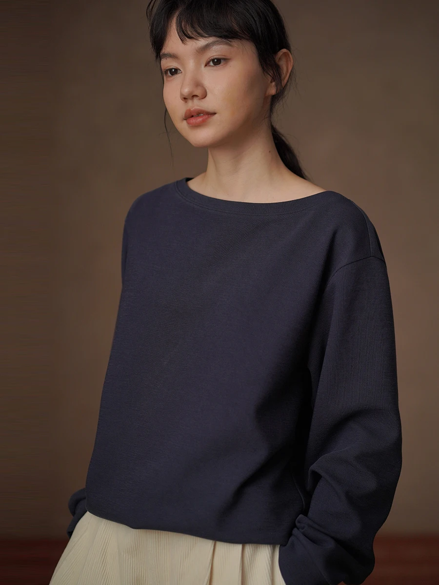 Hacikis Miss Teeth Casual Loose Long Sleeve One-Shoulder Hoodie Women's Comfortable Breathable Standard Fit Pure Color T-shirt