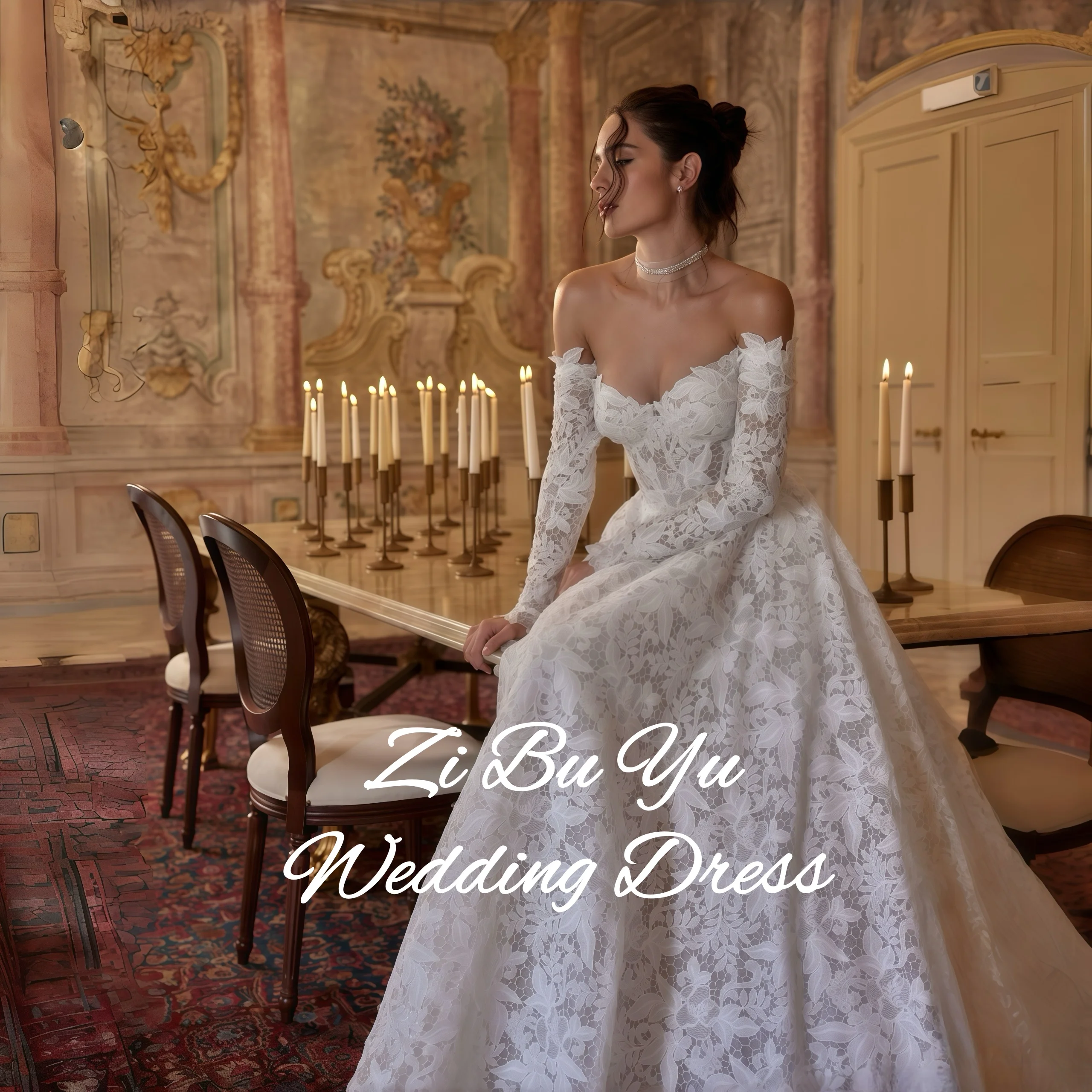 

ZIBUYU Customized Luxury Wedding Dress Off-the-Shoulder Sweetheart Long Sleeve 3D Floral Lace Applique A-Line Train Bridal Gowns