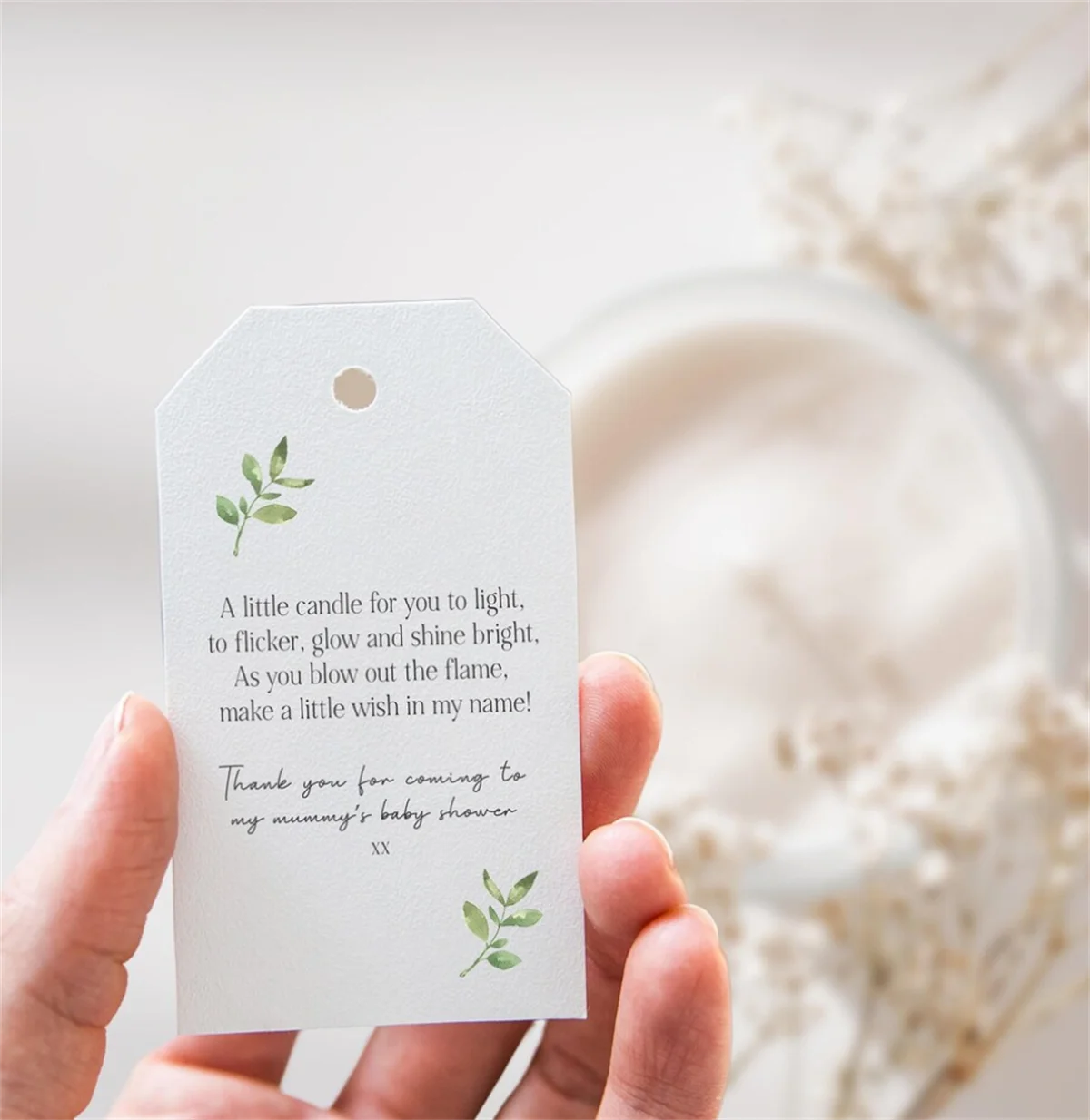 50pcs Personalised Candle Baby Shower Favour Tags - Boho Baby Design With Greenery Design - Size Large 5 x 8.5cm