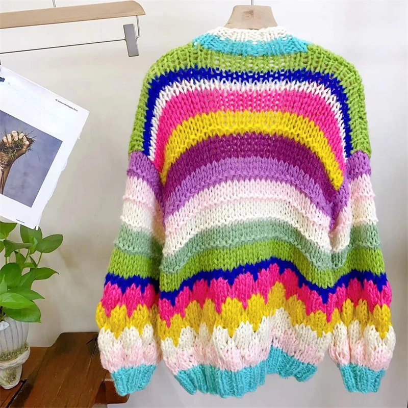 Women Colorful Rainbow Chunky Knit Mohair Sweater Handmade Bulky Cardigan Warm 2023 Autumn Winter New In