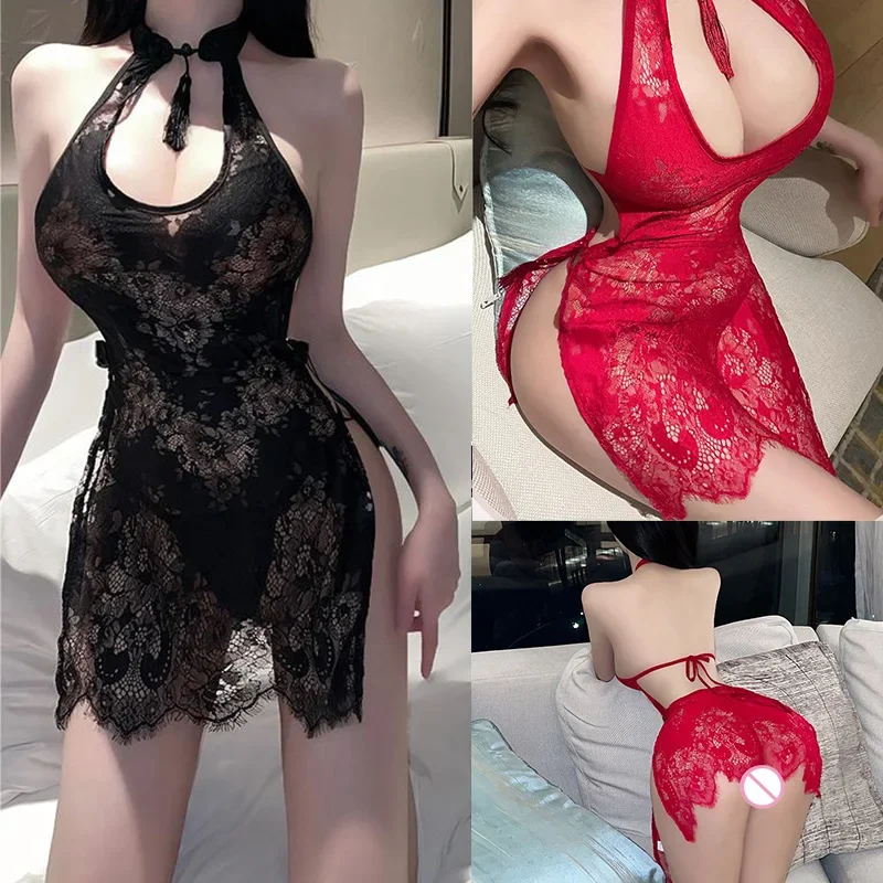 فستان الجنس معلقة الرقبة العميق الخامس كاشفة شيونغسام الدانتيل التفاف الورك تنورة قصيرة فساتين نسائية فساتين قصيرة الجنس متجر تأثيري الطرف