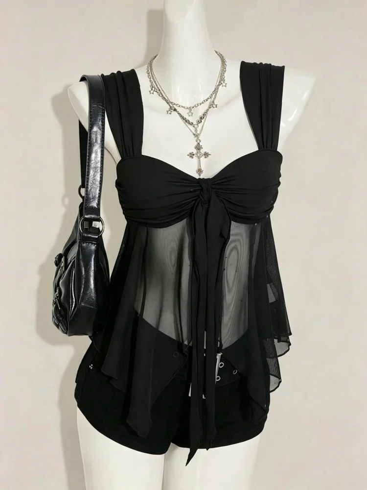 Casual Sweetheart Neck Ruffle Trim Mesh Tank Top. Se7e9337ce740496babee578ab20f2b6aS