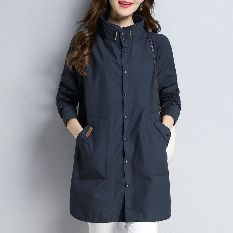 

High Quality Cotton Windbreaker Women Spring Autumn Coat Mid-length Trench Coat New Thin Outerwear Button Casual Loose Jacket