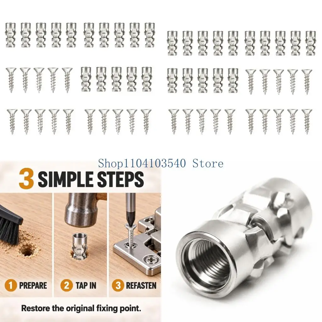 02DC Screw Hole Reinforcement Fastener Set with 15 Inserts and Matching Screws for Stripped Holes in Shelving, Cabinets, and