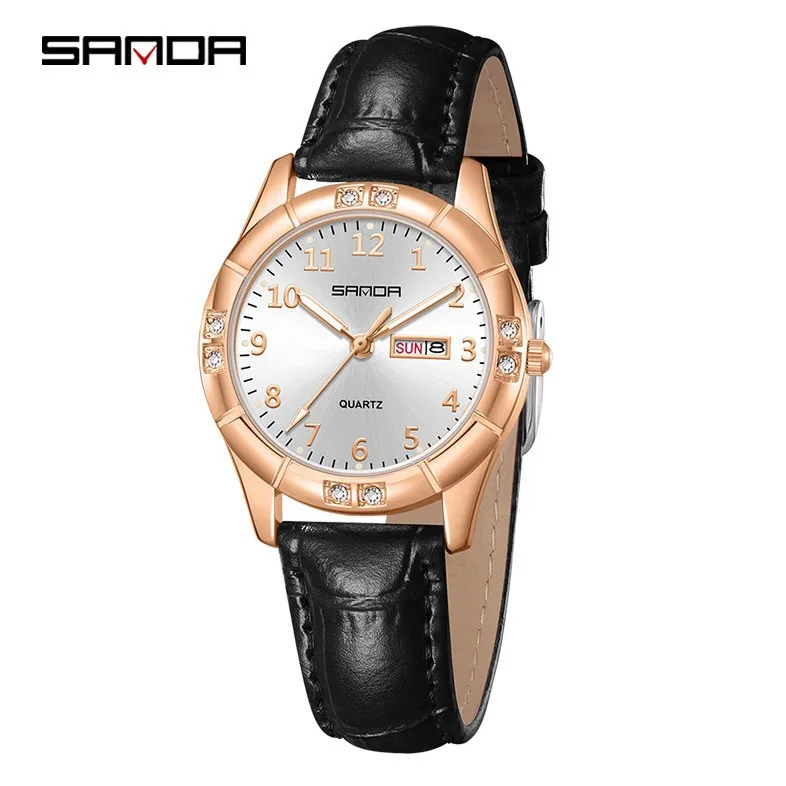 SANDA student watch waterproof simple digital retro belt double calendar quartz watch luminous sun pattern women's watch