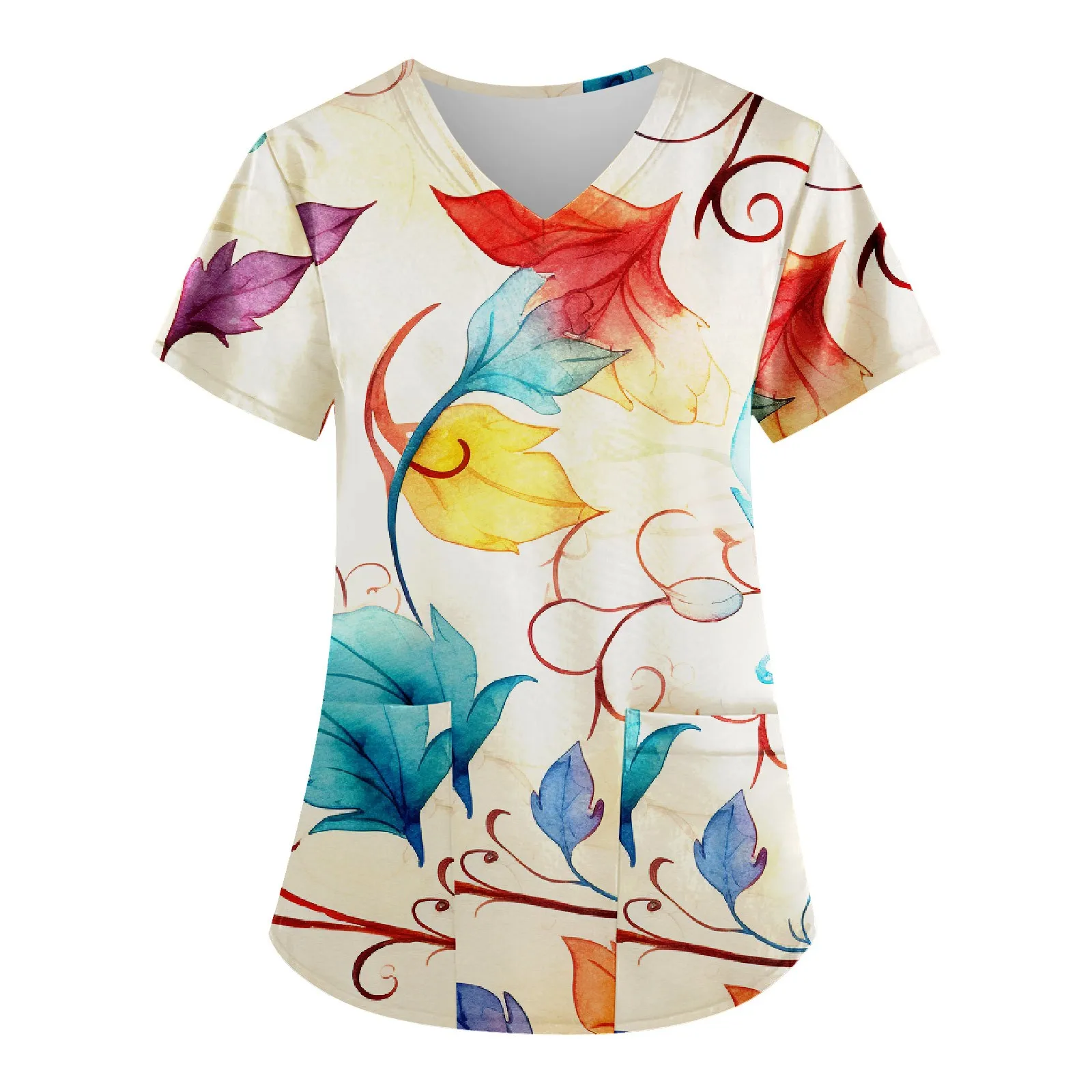 Nurse Uniforms Women Short Sleeve V-neck Scrub Tops Fashion Floral Printing Pocket Work Wear For Nurse Scrubs Carer Uniform