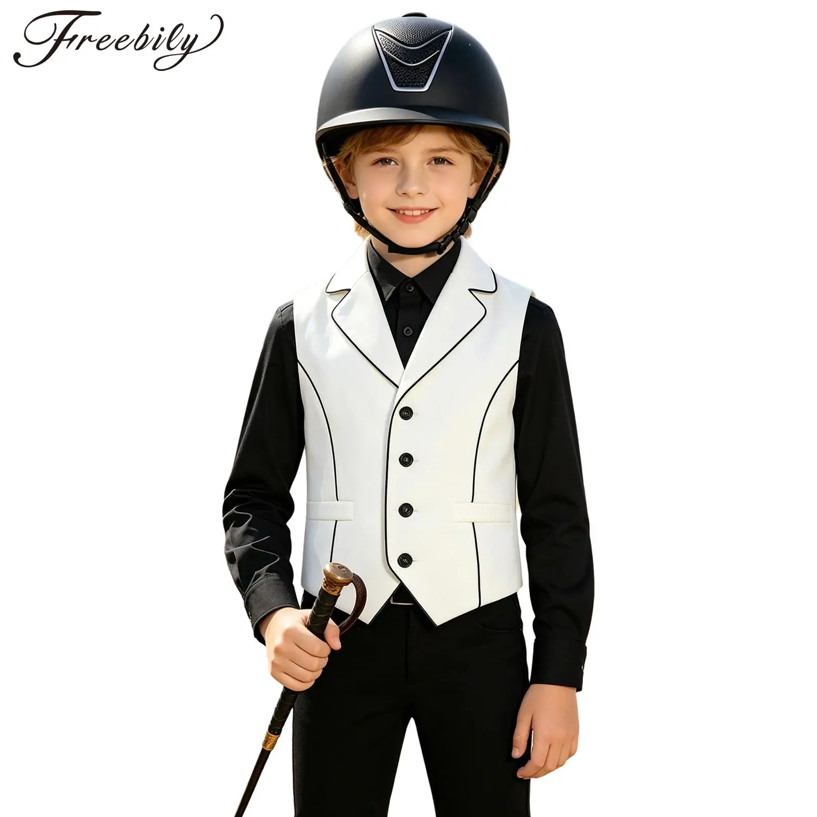 Kids Girls Horse Riding Vest Sleeveless Lapel Collar Jacket Contrasting Trim Asymmetrical Hem Button Equestrian Waistcoat