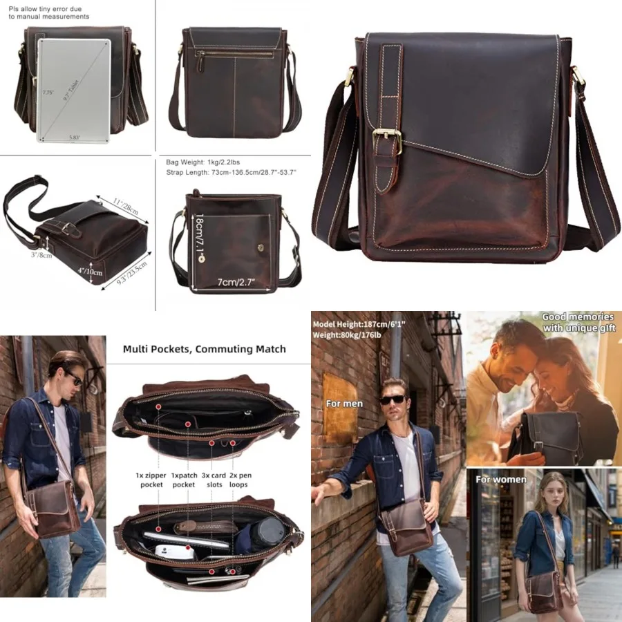 

Masa Kawa Leather Messenger Bag Small Crossbody Shoulder Bag Gift for Men Women Flap Over Man Purse Fits 10" Tablet