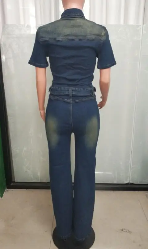 Style Hong Kong rétro Style classique revers bouton avant coupe ajustée à manches courtes combinaison femmes tempérament décontracté Denim combinaison