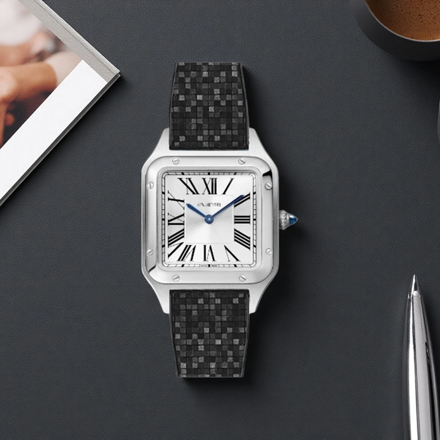 

Fit For Cartier Santos Dumont 15.5mm 17.5mm Mosaic FKM Rubber Watch Strap with Quick Release Watch Band