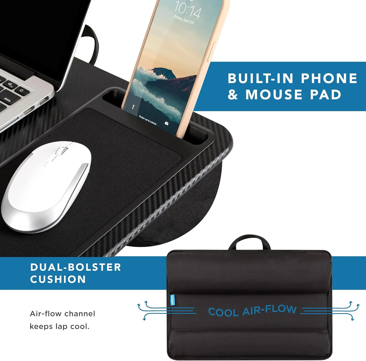 مكتب كمبيوتر محمول مريح مع مسند للمعصم ولوحة ماوس وحامل هاتف لأجهزة الكمبيوتر المحمولة مقاس 15.6 بوصة - كربون أسود #4