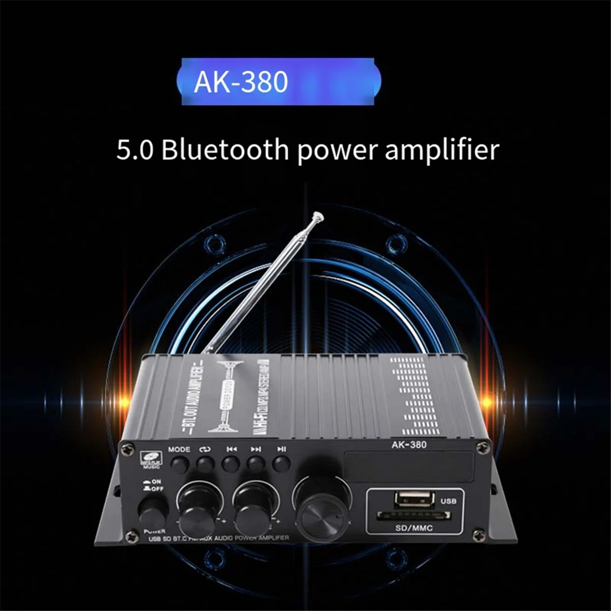 AK380 Bluetooth Amplifier HiFi Audio Karaoke 2 Channel Home Theater Amplifier Power Class D Amplifier USB SD AUX Input