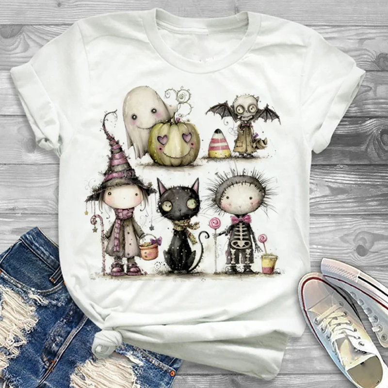 T-shirt Top da donna con personaggi di Halloween dei cartoni animati stampati e motivo zucca fantasma T-shirt con scollo a maniche corte stampata stile carino