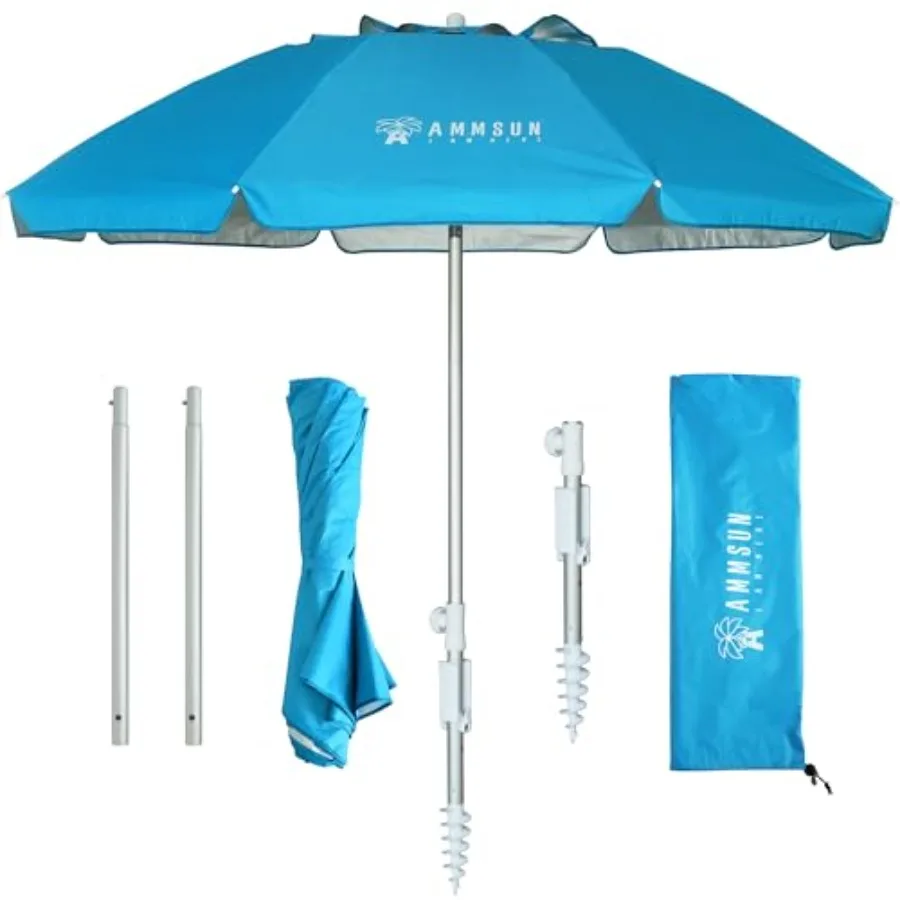 

6.5ft Twice Folded Portable beach umbrella with Sand Anchor Windproof Tilt Pole Air vent UPF 50+ Protection Fits in a large Sui