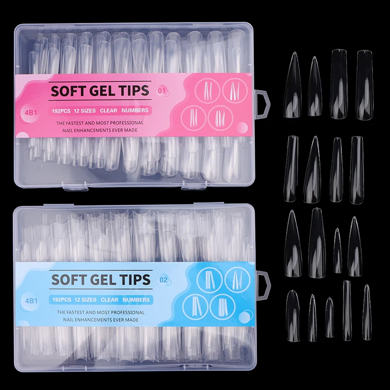 192PCS Mix 4 Shapes Clear XL Long Stiletto Square Coffin Almond Full Length False Nail Tips Manicure Fingernails Extension Set