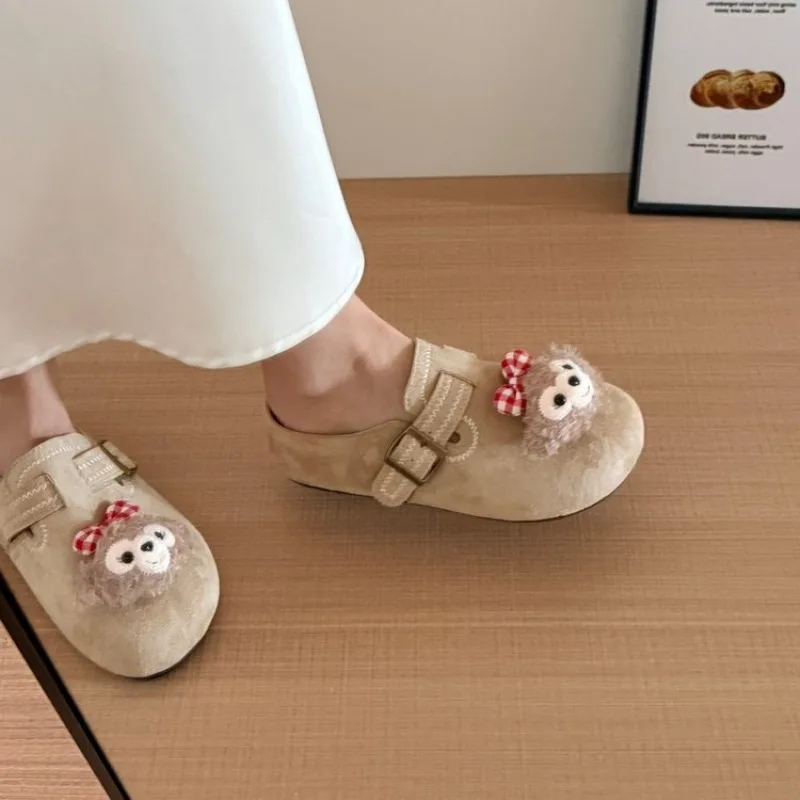 Women Boston Clogs Mules Suede Flat Slip On Shoes Adjustable Buckle Plush Cartoon Doll Decor Casual Autumn Backless Shoes
