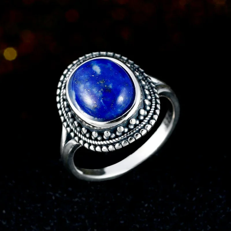 

925 Sterling Silver Ring Antique Oval Lapis Rings for Women Men Jewelry Engagement Anniversary Gift Fashion Ring