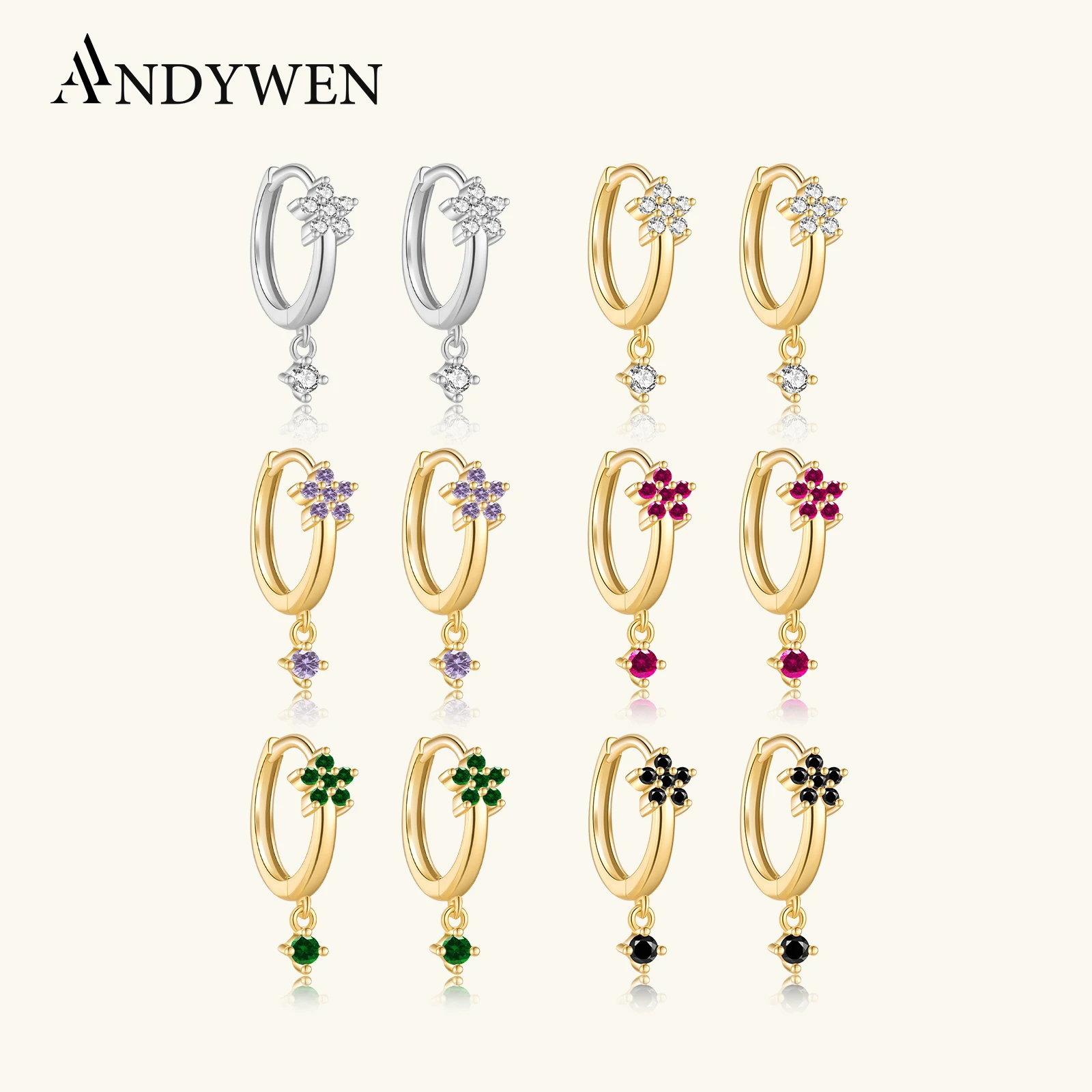 ANDYWEN 925 Sterling Silver Gold Rainbow CZ Flower Drop Earring Women Fine Jewelry Piercing Clips Jewels Round CZ Colorful Loops