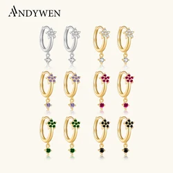ANDYWEN 925 Sterling Silver Gold Rainbow CZ Flower Drop Earring Women Fine Jewelry Piercing Clips Jewels Round CZ Colorful Loops