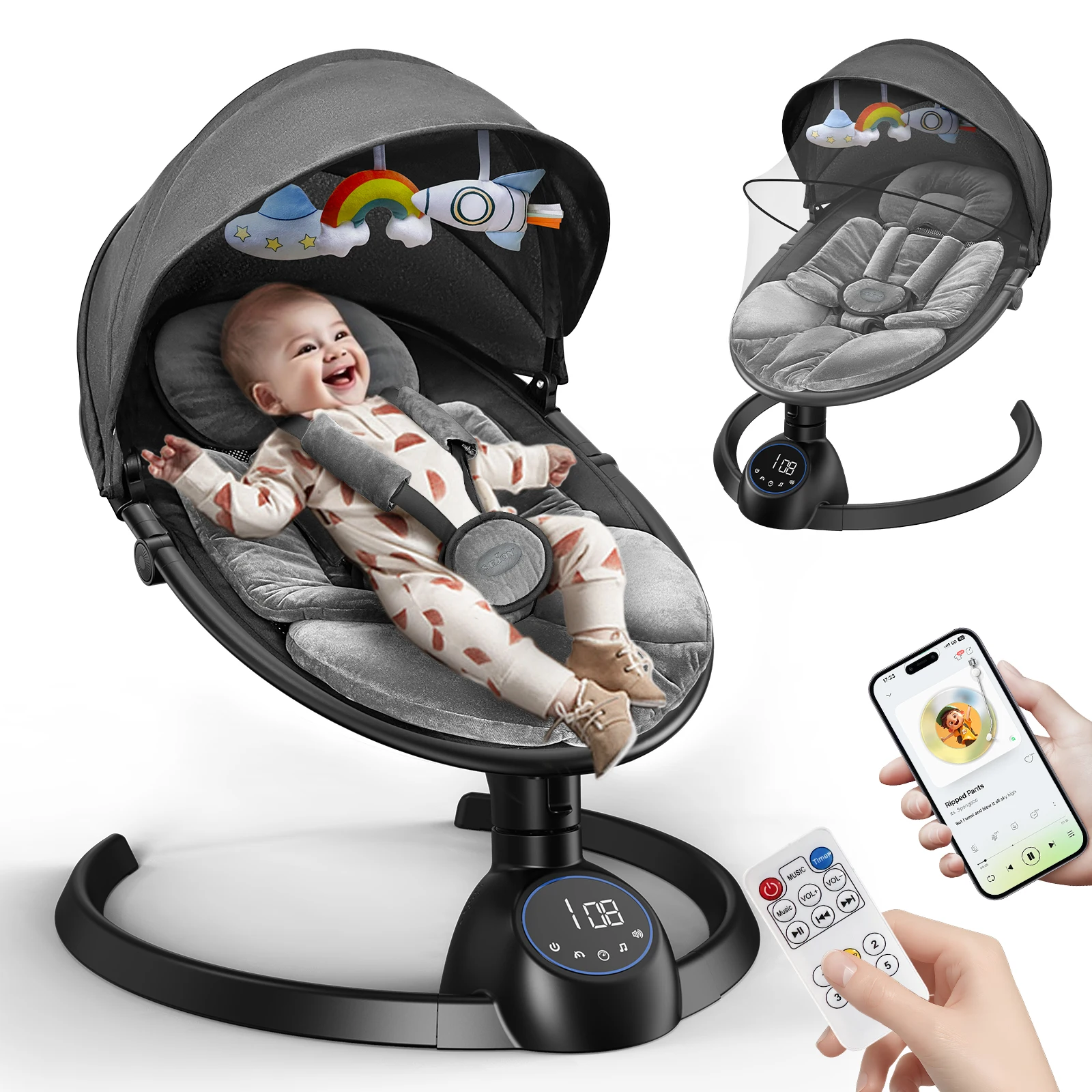 

Электрические качели для младенцев с пультом дистанционного управления - 5 скоростей естественного движения, съемная подушка для сиденья, портативные качели для дома и улицы