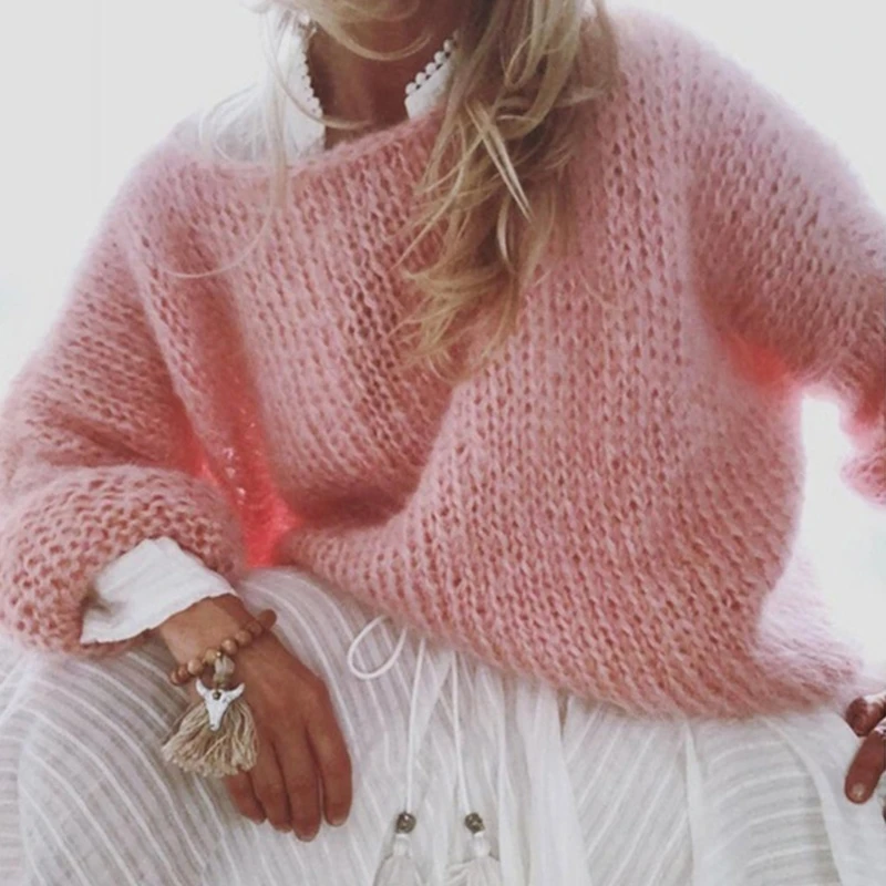 Women Lantern Long Sleeve O-Neck Sweater Fluffy Fuzzy Mohair Pullover Top Chunky Knit Solid Color Oversized Loose Jumper