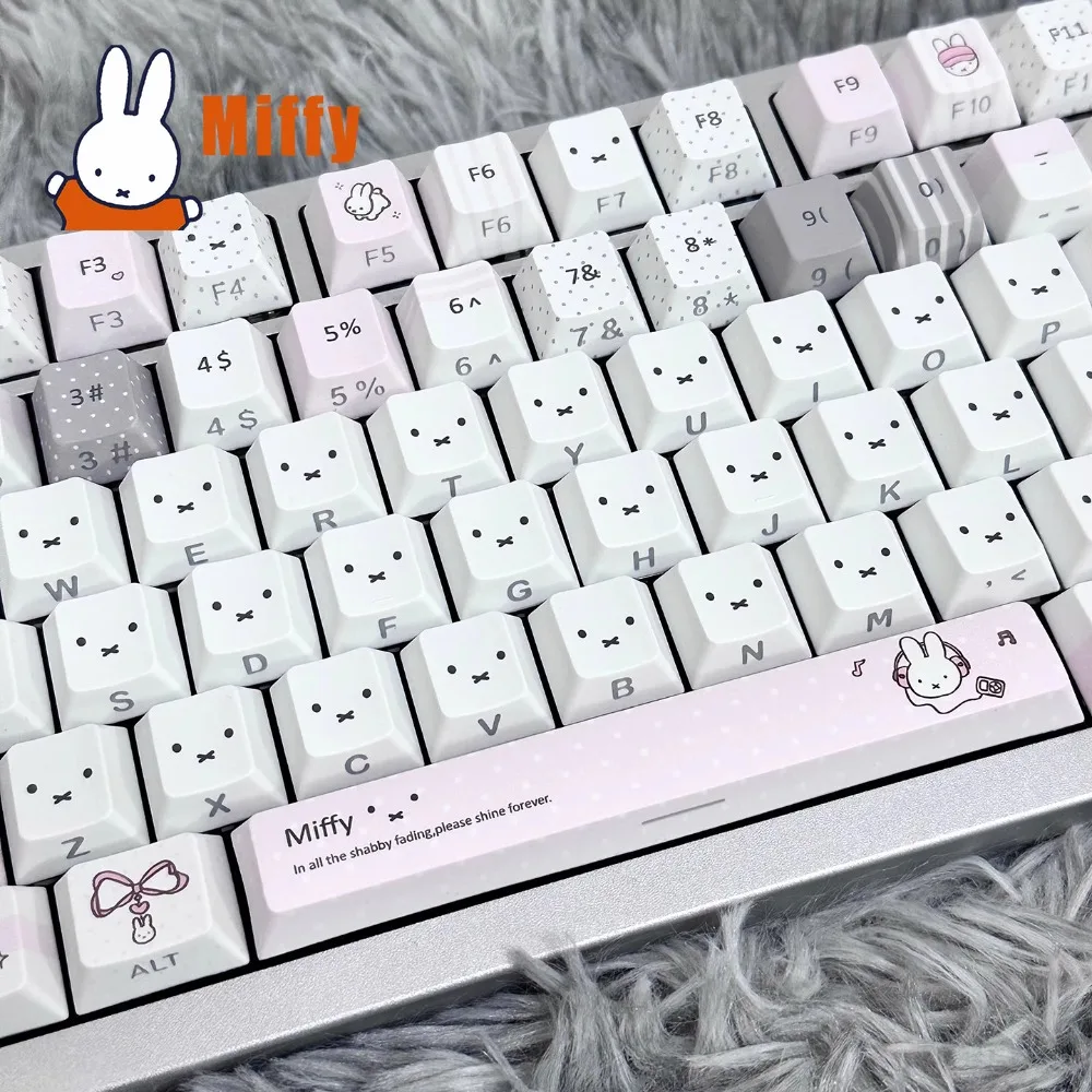 Kawaii Miffy Mechanical Keyboard Keycap Set Cute Rabbit Pastel Gray Pink PBT Dye-Sublimation Desk Accessory Office Girl Gift