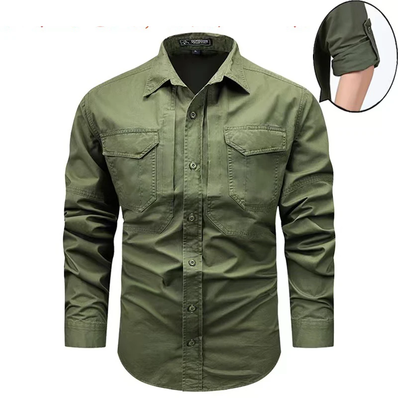 Men'smulti pocket American long sleeved shirt, suitable for outdoor summer ice silk quick drying work clothes,pure cotton jacket