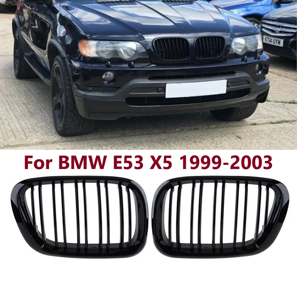 

2Pcs Car Glossy Black Double Line Front Bumper Kidney Grill Grille Replacement 51138250051 For BMW E53 X5 1999 2000 ~ 2003