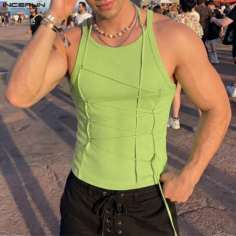 INCERUN Men's Tank Tops Solid Color Lace Up Sleeveless Casual Men Clothes Summer Streetwear 2026 Stylish Male Vests Tops S-3XL