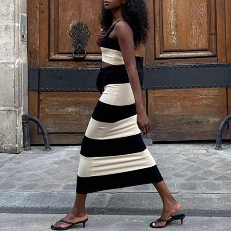 

Sexy Off Shoulder Sling with Half Skirt 2Pc Suit Casual Sleeveless Slim Sweater Set Elegant Color Blocking Knitted Skirt Outfits