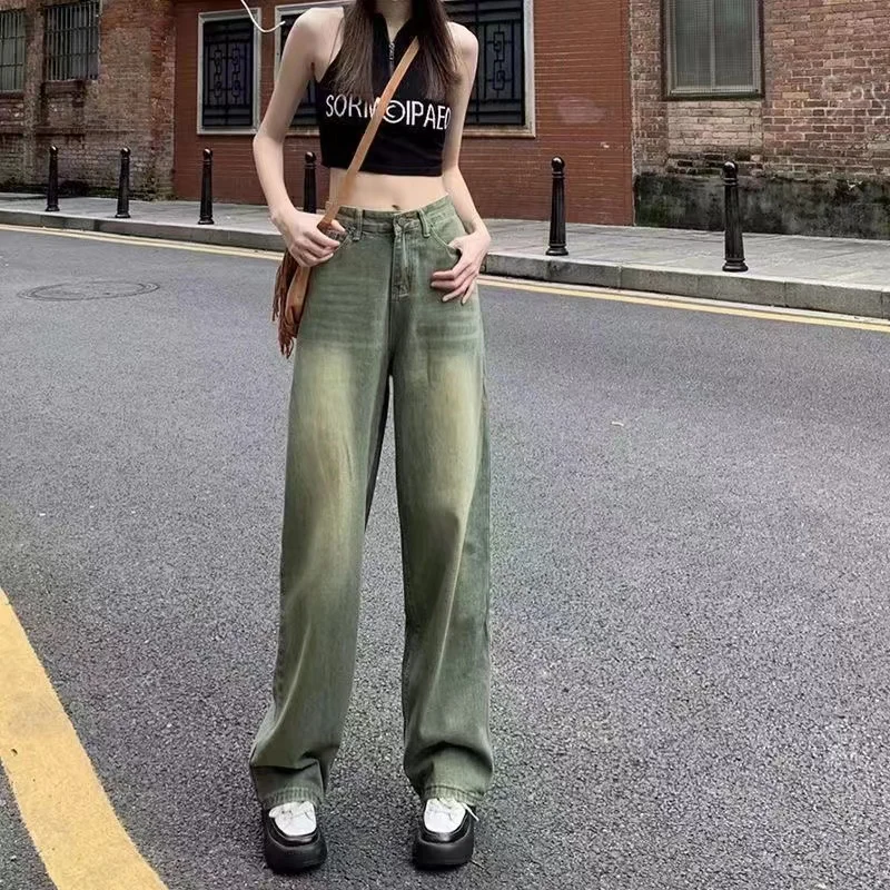 

Retro Green Baggy Jeans For Women American Fashion Y2k Streetwear Straight High Waist Slimming Loose Wide Leg Mop Pants