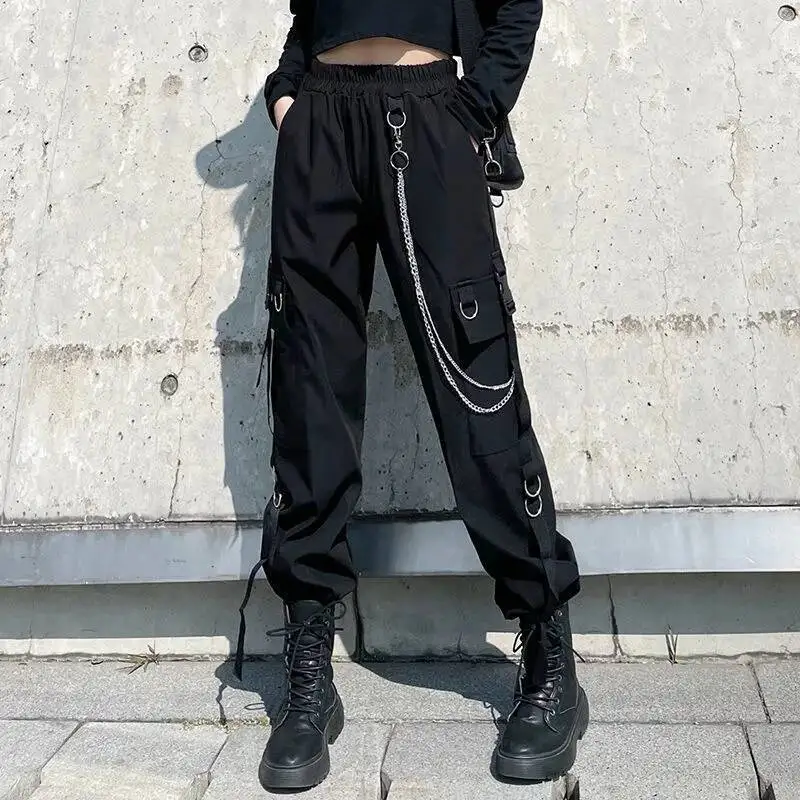 Streetwear Women Multi Pockets Cargo Pants Hip Hop Casual Chain Black Joggers Trousers Fashion Harajuku High Waist Pants