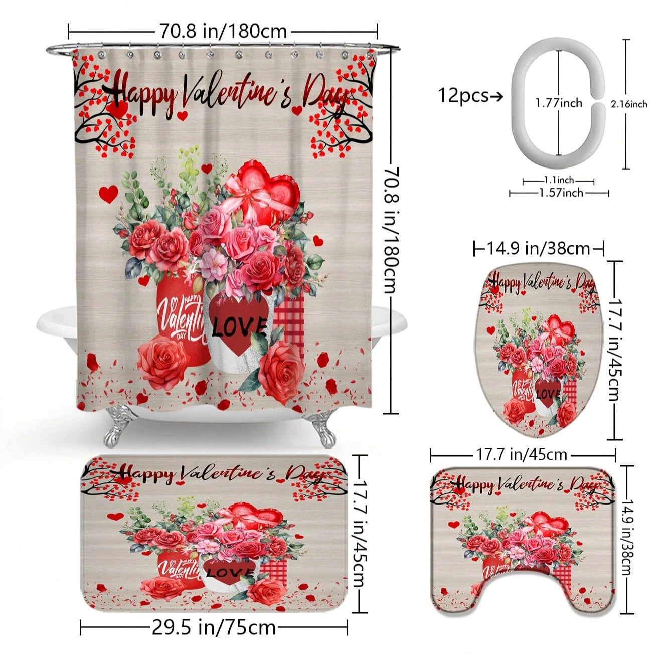 4pcs Valentine's Day Themed Bathroom Set, Including Shower Curtain,Rose, Balloons, Love, Farmhouse Bathroom Decor