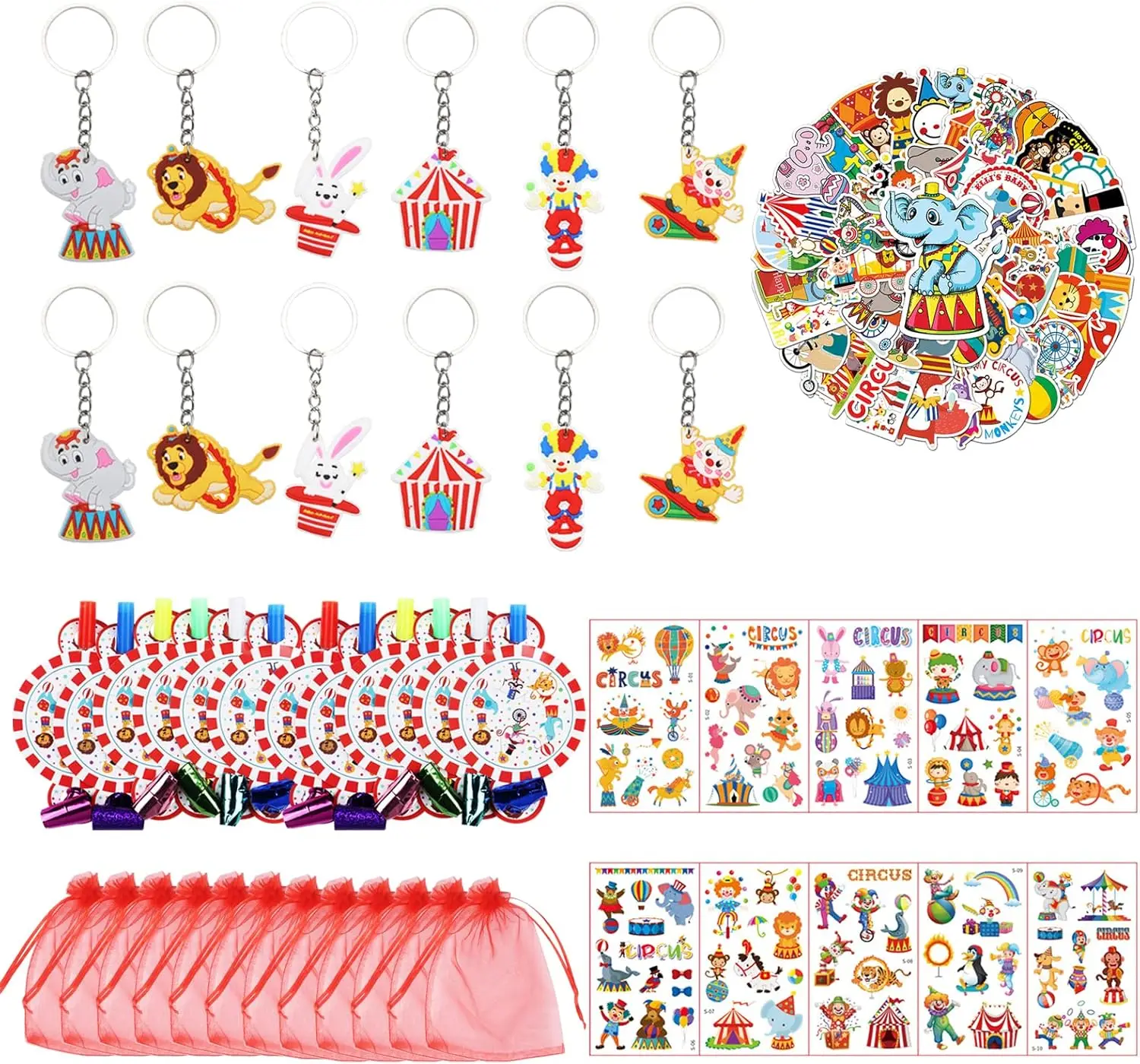 

60Pcs Circus Favors Circus Carnival Birthday Party Decor Clown Keychains Temporary Tattoos Stickers Blowing Dragons Organza Bags