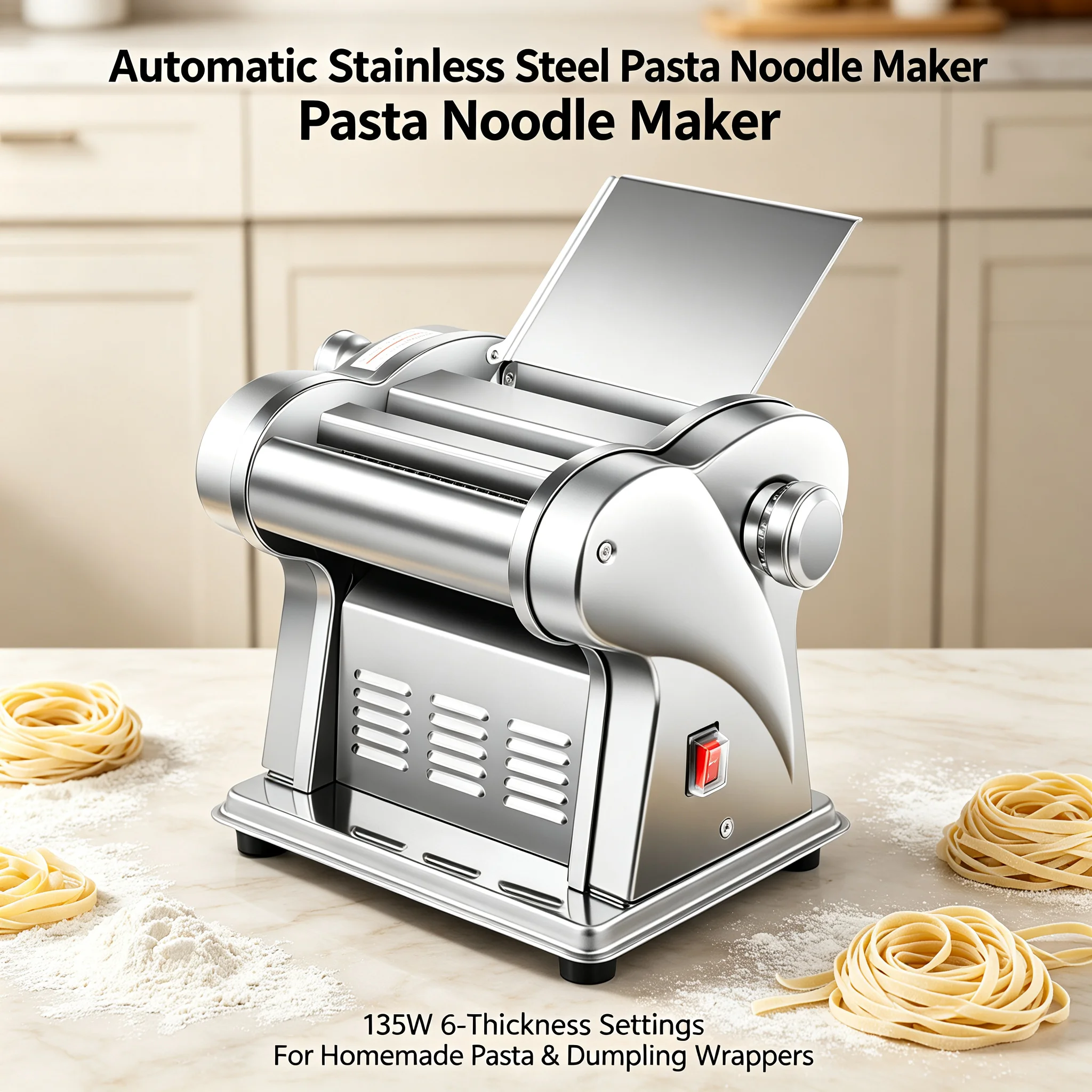 Automatic Noodle Machine 135W Stainless Steel Pasta Maker, 6 Adjustable Thickness Settings 0.02-0.14in, Tabletop Dough Roller for Spaghetti Lasagna Dumplings Home Kitchen Use