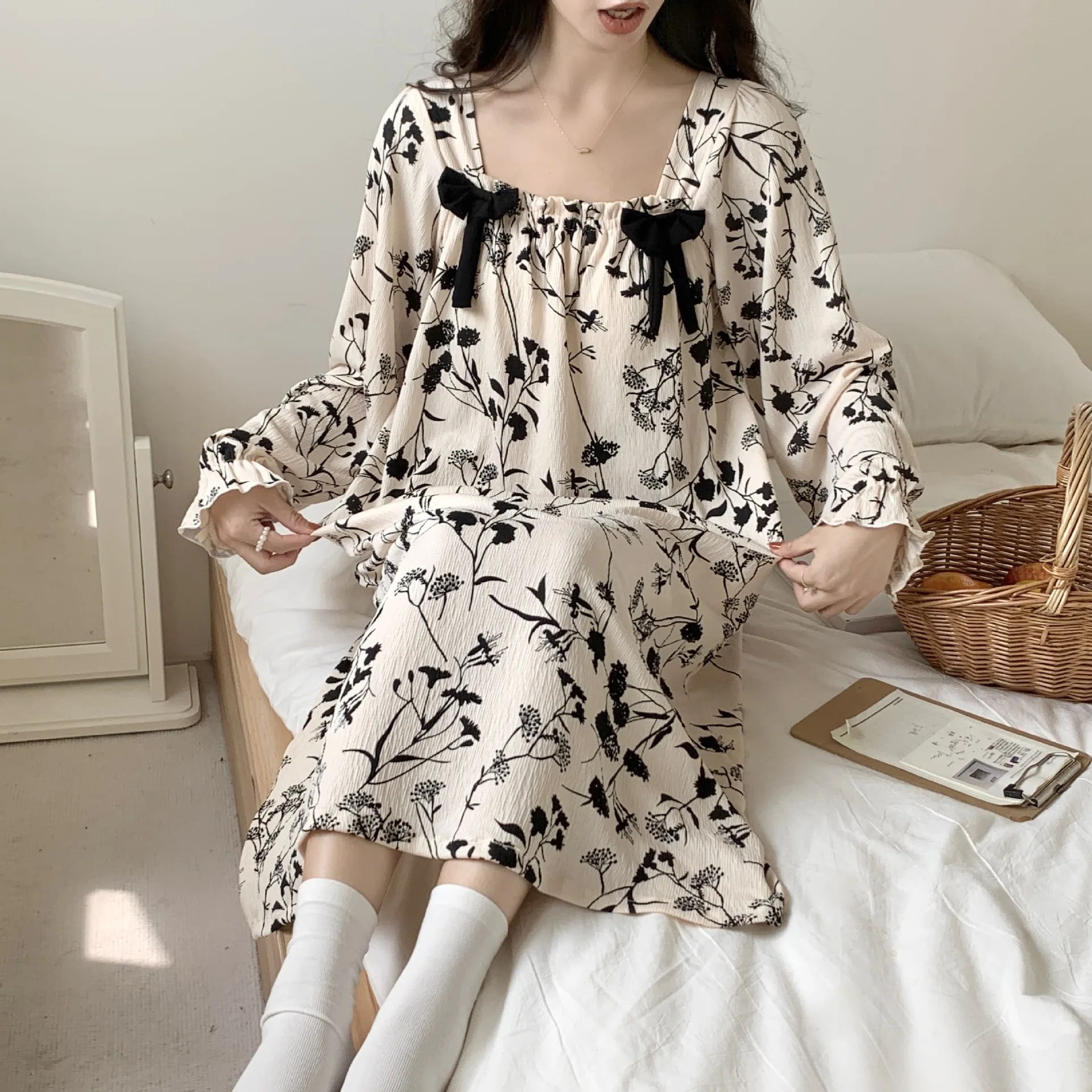 INS Sweet Cotton Night Dress Women Sleepshirt Spring Autumn Sleepwear Nightshirt Long Sleeve Loose Nightgowns Female Vestidos