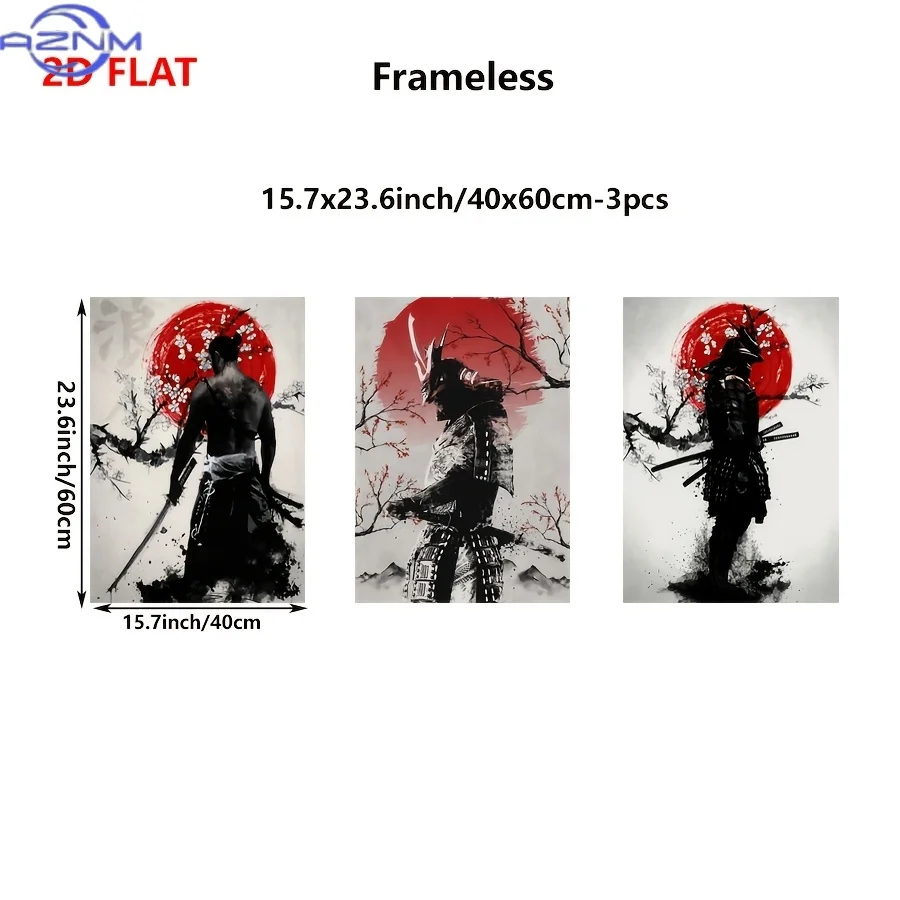 3pcs Japanese Samurai and Cherry Blossom Oil Painting Art - Retro Bushido Wall Decoration, Unframed Poster, Perfect Gift for Fri