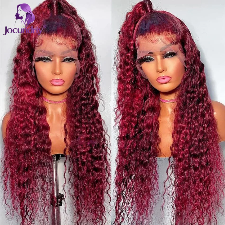 

Burgundy Deep Wave Lace Front Wigs Human Hair 13x4 180% Density Transparent Lace Frontal Wigs Curly Wigs for Women 99J Color Wig