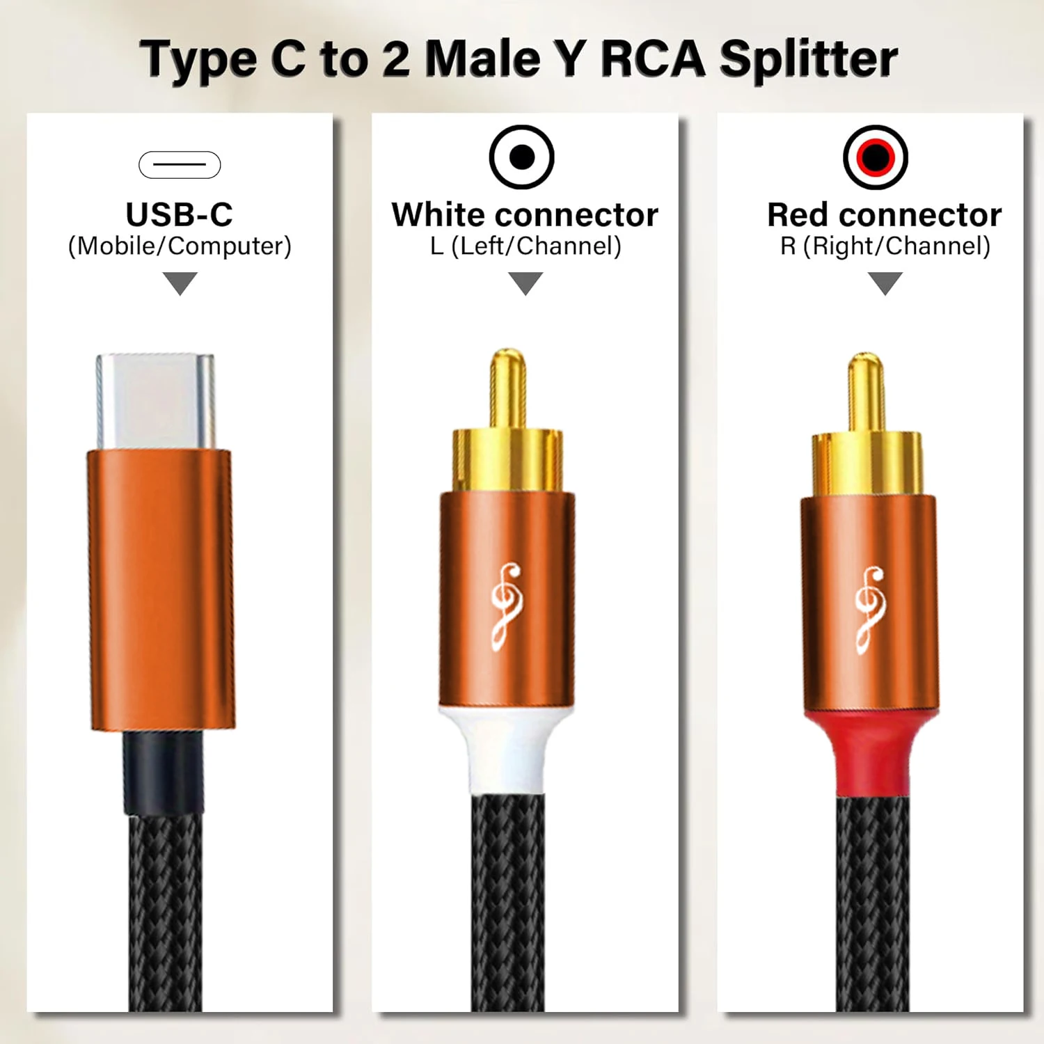 RCA Cables Type-C to 2 Male RCA to USB C for i-Pad, Phone, Laptop, Tablet, Galaxy, Pixel, Home Theater, DVD, Amplifier, Speaker