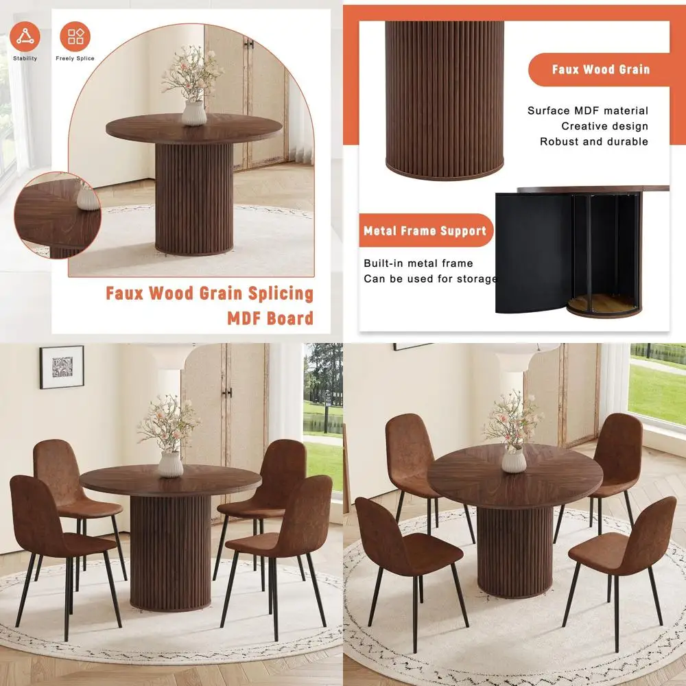 

5-Piece Wooden Round Dining Set with Suede Leather Chairs and Walnut Table