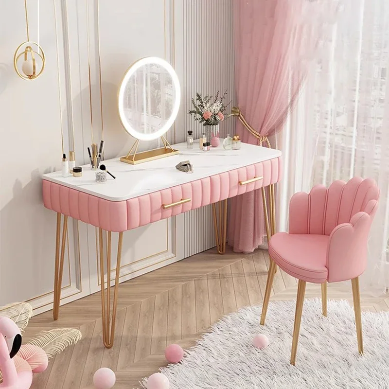 Modern Pink Vanity Table Round Mirror Stylish Makeup Vanity Table Comfy Chair Comodas Con Cajones Dormitorio Home Furniture