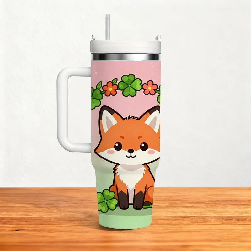 Cute Cartoon Red Fox 40oz Stainless Steel Insulated Tumbler, Digital Print Design with Four-Leaf Clover Wreath & Colorful Florals, Gradient Pink-Green Playful Style, Ideal for Daily Drinks, Office Use & Outdoor Errands