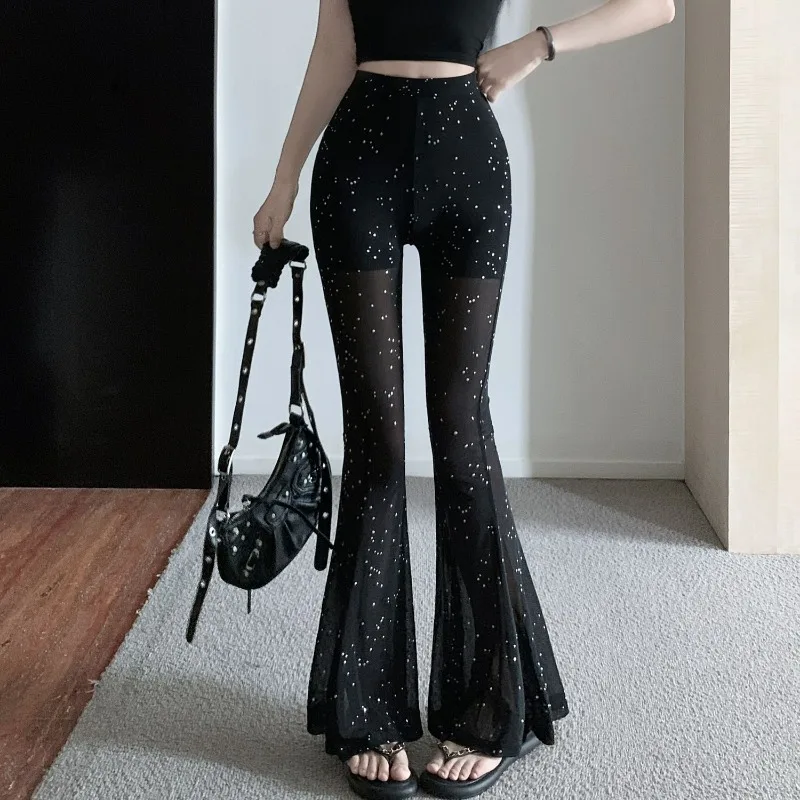 

Сексуальные прозрачные длинные брюки для женщин с высокой талией, сетчатые, облегающие, расклешенные, блестящие, модные, с горячей инкрустацией стразами, эластичные, для вечеринок