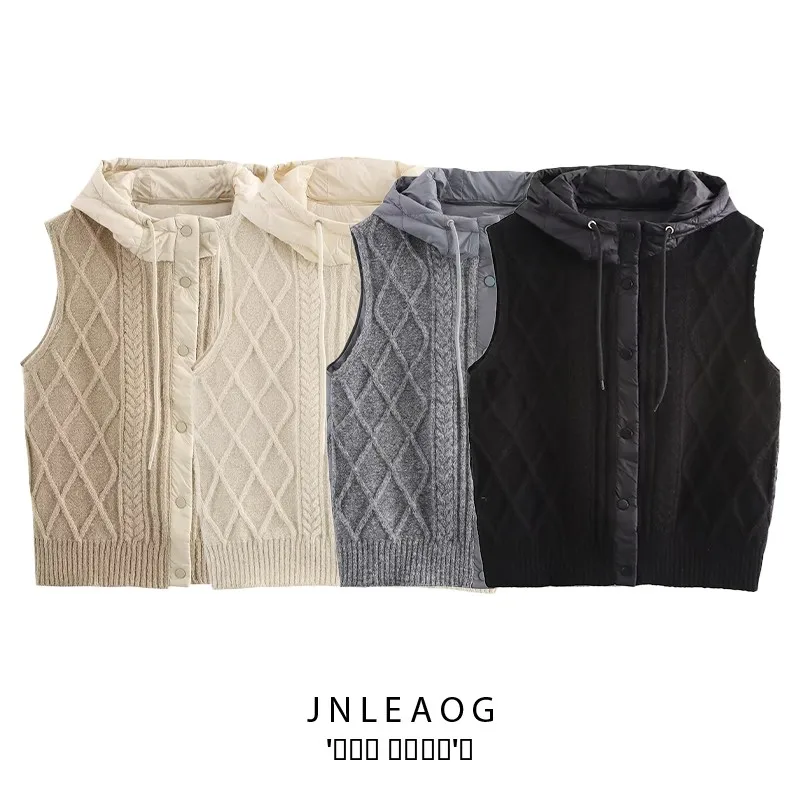 JNLEAOG خريف جديد Sle المرأة محبوك الملتوية القطن مبطن المرقعة مقنعين سترة Faion تخفيف جولة Ne ألياف البوليستر