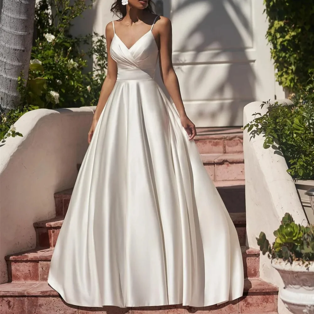 

Simple Long Spaghetti Straps Satin Wedding Dresses Sleeveless Backless A Line Floor Length Vestidos Elegantes Feminino