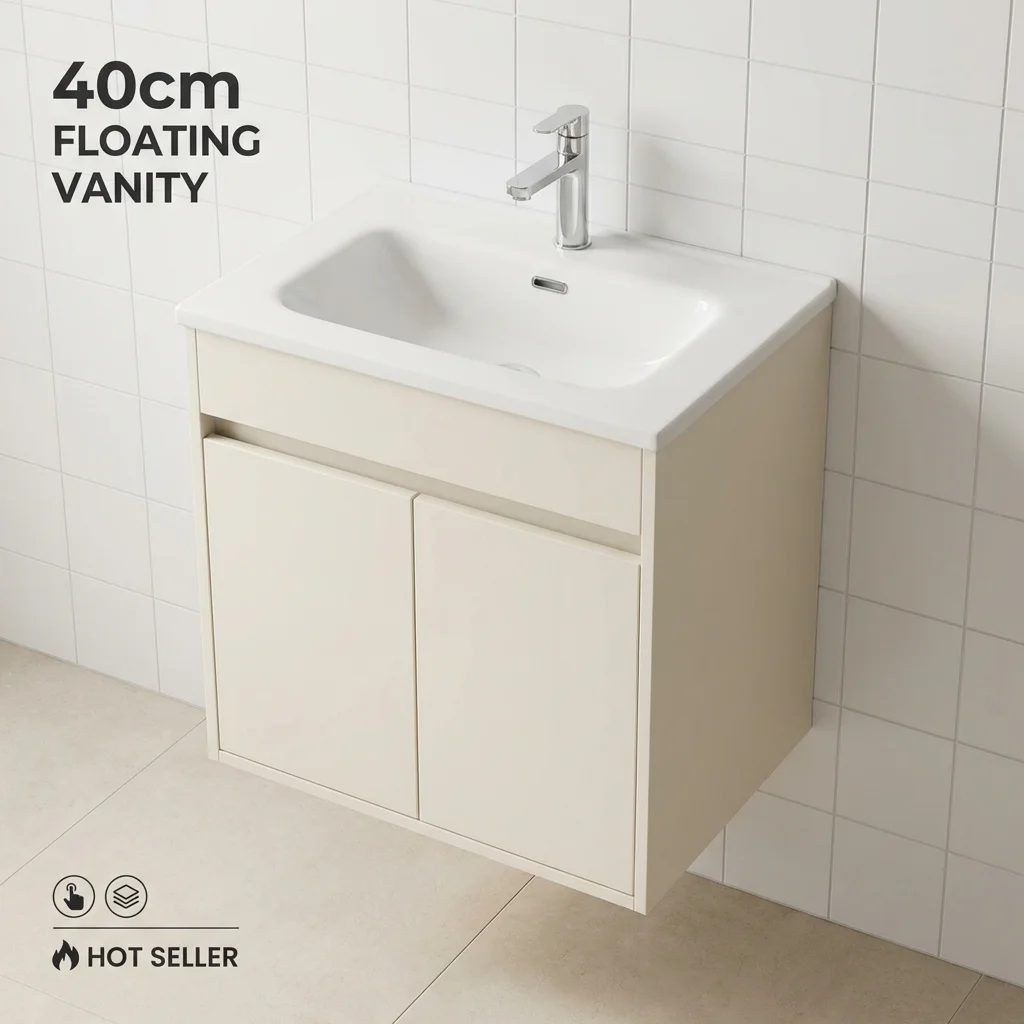 40cm Modern Bathroom Vanity Cabinet with Ceramic Sink, Wall Mounted Space Saving Bathroom Cupboard, Waterproof Floating Vanity