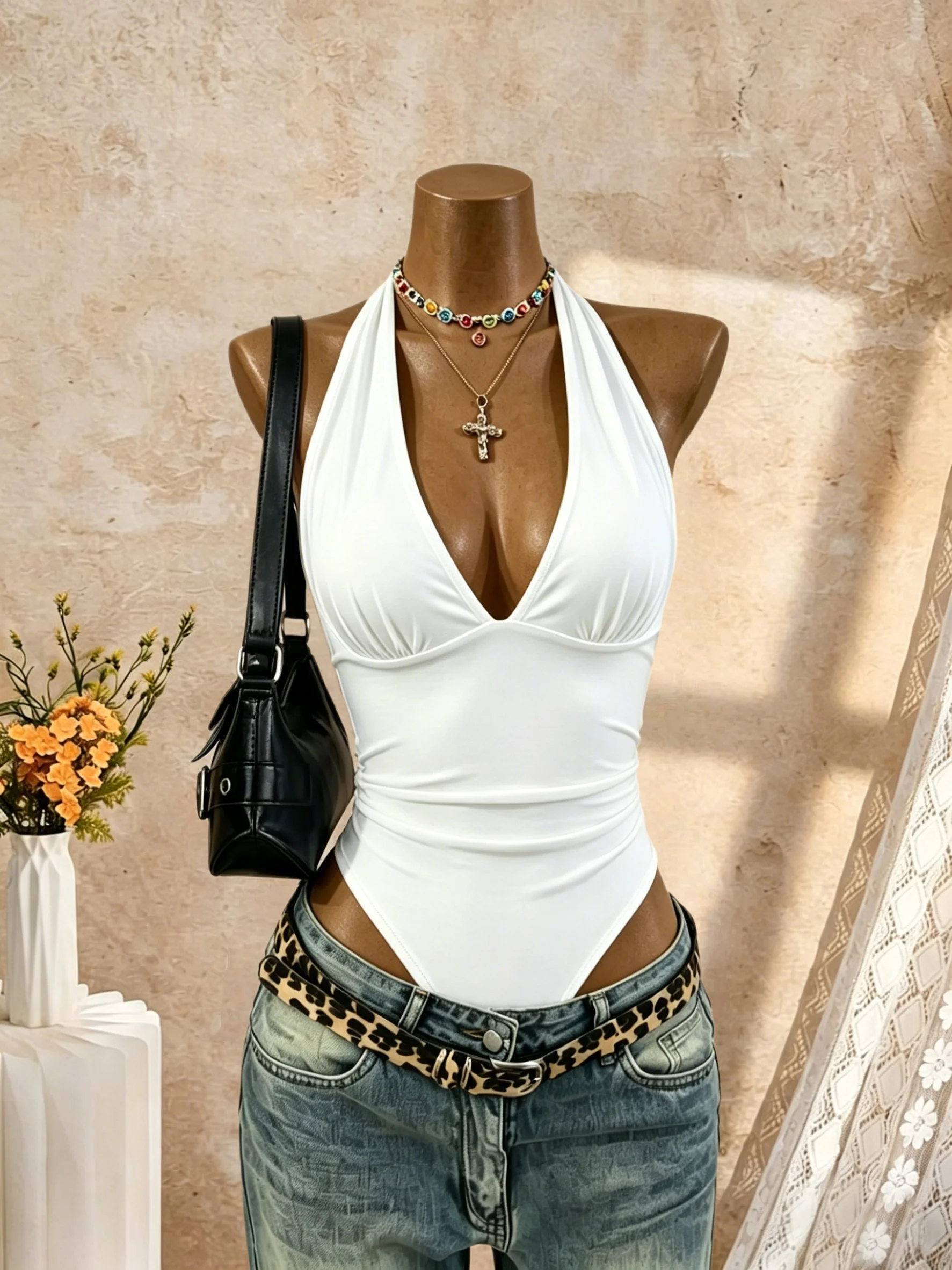 Damen Neckholder-Body mit tiefem V-Ausschnitt, gerafftem Design, schmaler Passform und hohem Beinausschnitt – Sommer 2026 Y2K Streetwear ärmelloses Tanktop – Detail 2