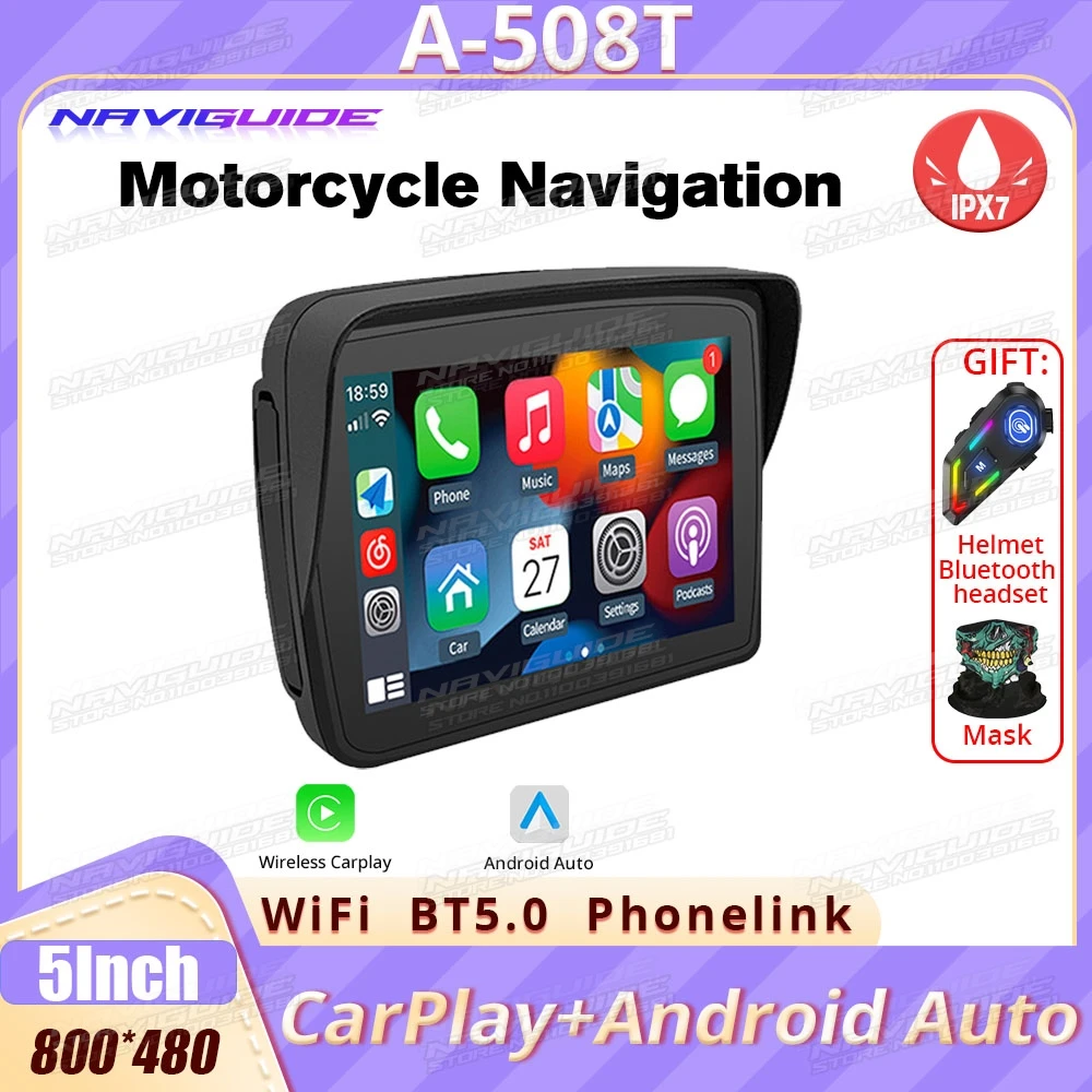 

NAVIGUIDE 508T 5" carplay motorcycle IPX7 waterproof display portable motorcycle wireless android autopilot screen WiFi dual BT